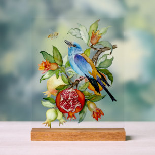 Blue Bird Among Pomegranates Watercolor Botanical Acrylic Sign