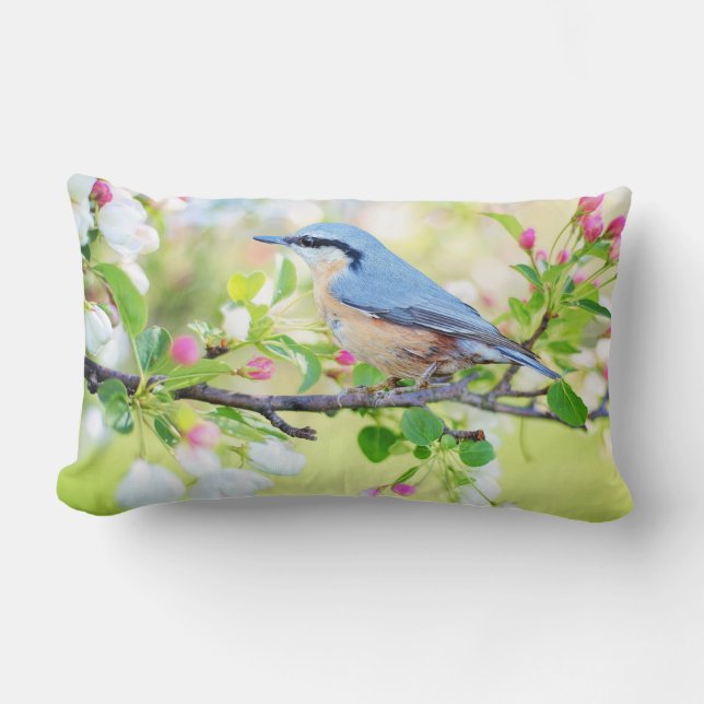 Blue Bird and Apple Blossoms Lumbar Cushion (Front)