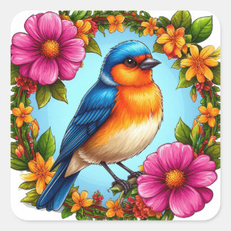 Blue Bird And Flowers For Nature Lovers Square Sticker