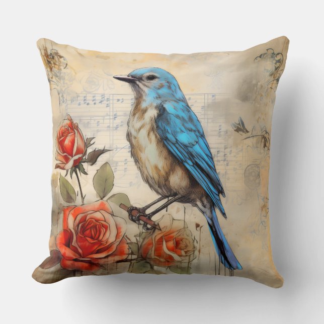 Blue bird and Roses 1 Cushion (Front)