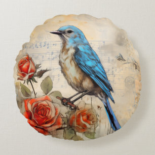 Blue bird and Roses 1 Round Cushion