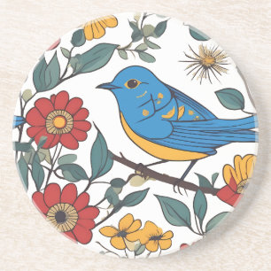 Blue Bird and Wildflower Folk Art Coaster