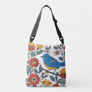 Blue Bird and Wildflower Folk Art Crossbody Bag