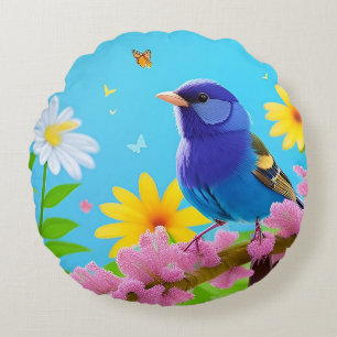 🐦 Blue Bird Blossom Art Gift For Nature Lovers 🌷 Round Cushion