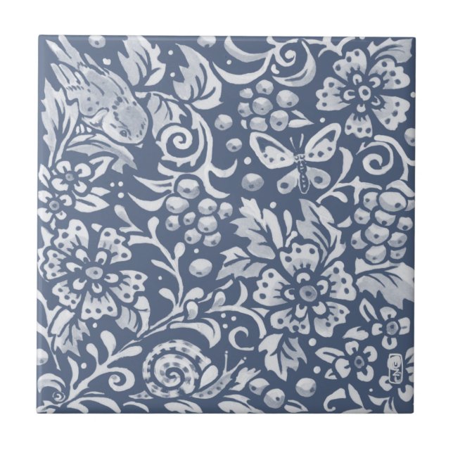 Blue Bird Butterfly Snail Berries Woodland Faces R Tile (Front)