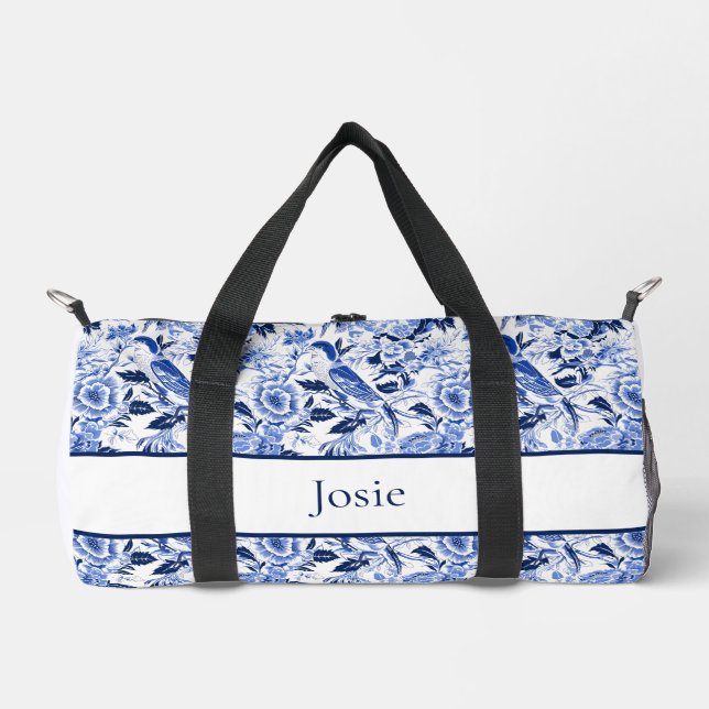 Blue Bird Chinoiserie Monogram  Duffle Bag (Front)