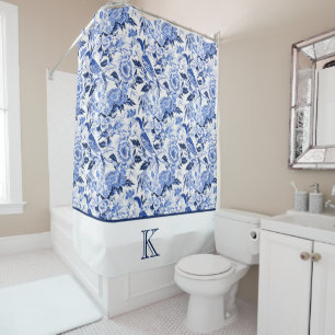 Blue Bird Chinoiserie Monogram  Shower Curtain