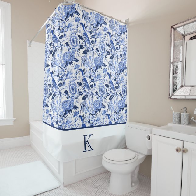 Blue Bird Chinoiserie Monogram  Shower Curtain (In Situ)