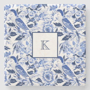 Blue Bird Chinoiserie Monogram  Stone Coaster