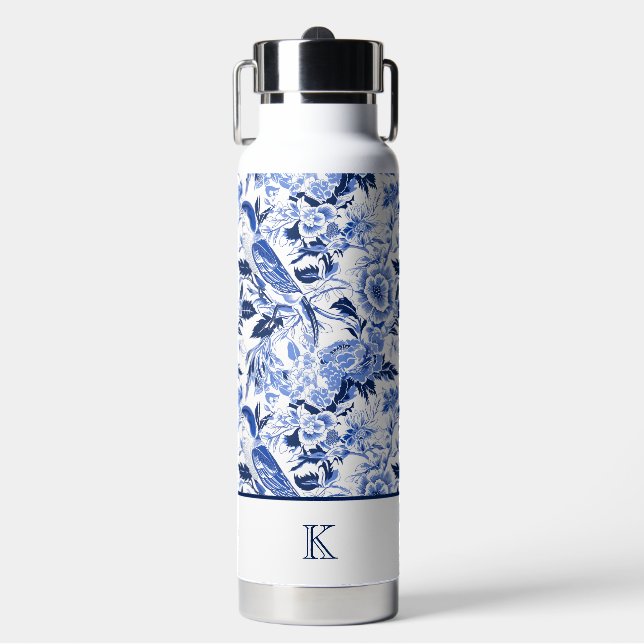 Blue Bird Chinoiserie Monogram Water Bottle (Front)