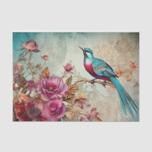 Blue Bird Colourful Floral Background Decoupage Tissue Paper