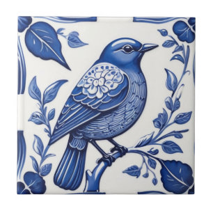 Blue Bird Delft Blue & White Asian Floral Bluebird Tile