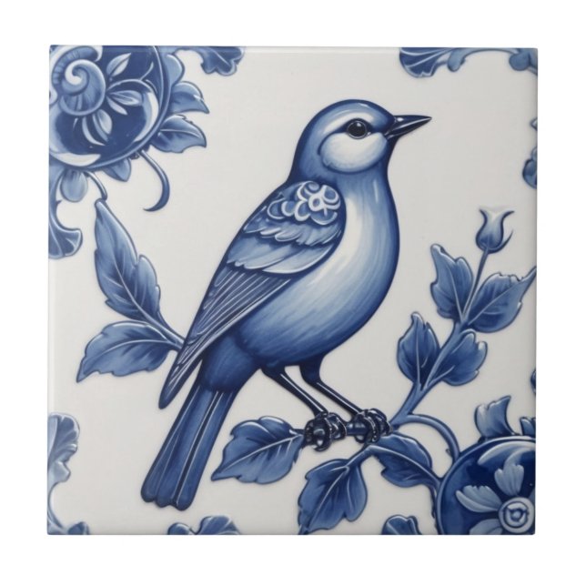 Blue Bird Delft Blue & White Asian Floral Bluebird Tile (Front)