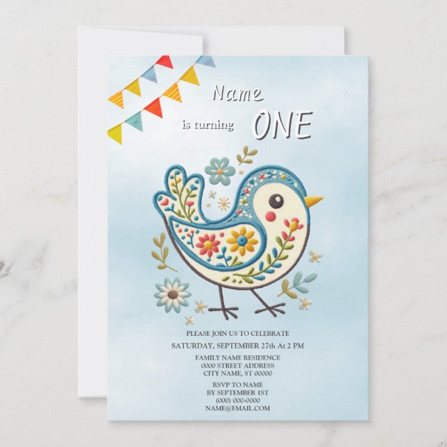 Blue Bird Floral Birthday Party Invitation (Front)