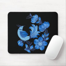 Blue Bird & Floral Folk Art Mouse Pad on Black