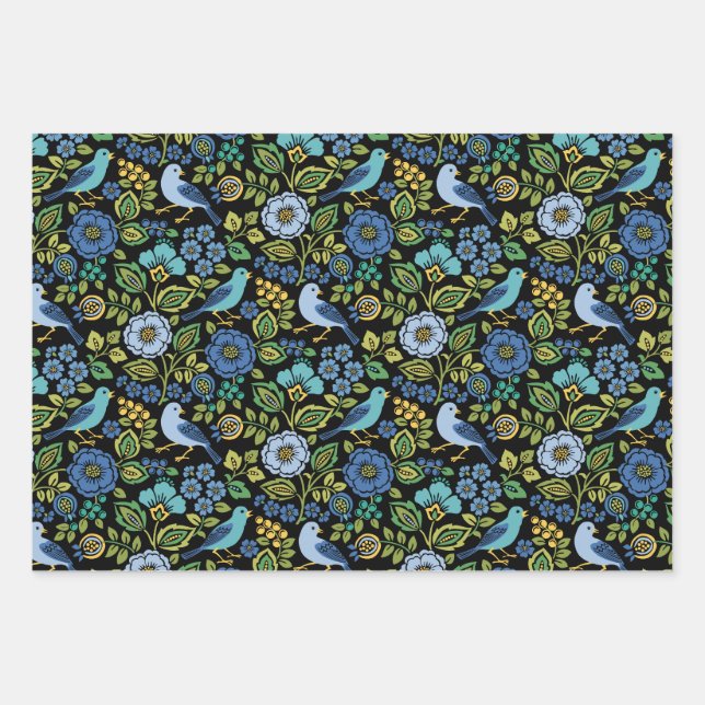 Blue Bird Floral on Black Wrapping Paper Sheet (Front)