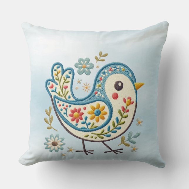Blue Bird Floral Throw Pillow (Front)
