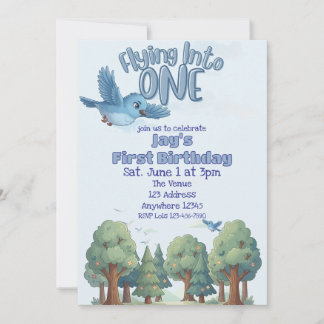 Blue Bird Flying into One, 1st Birthday Invitation