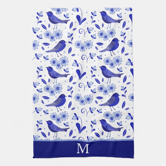 Blue Bird Folk Art Pattern Monogram Tea Towel (Vertical)