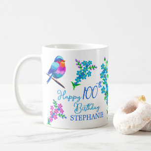 Blue Bird Forget Me Not Floral 100th Birthday Coffee Mug