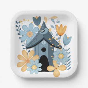 Blue Bird House Paper Plate