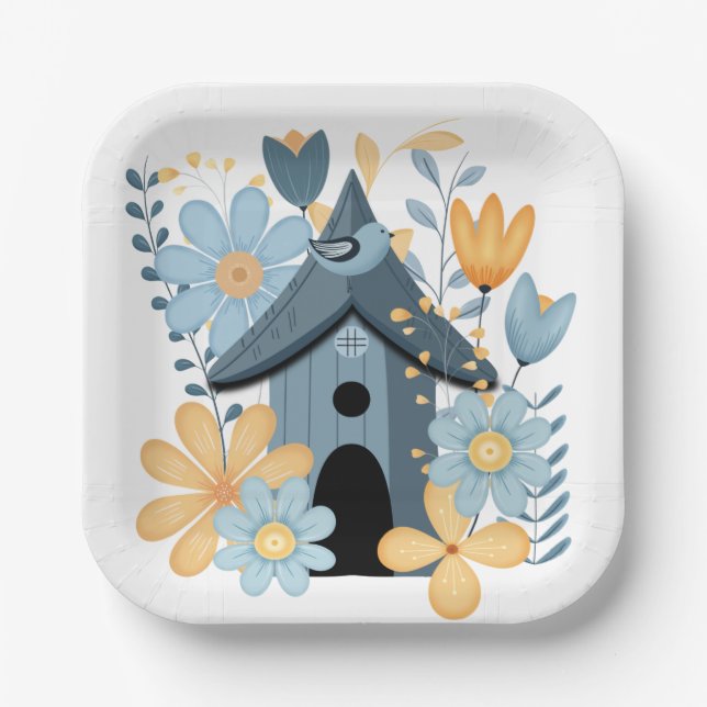 Blue Bird House Paper Plate (Front)