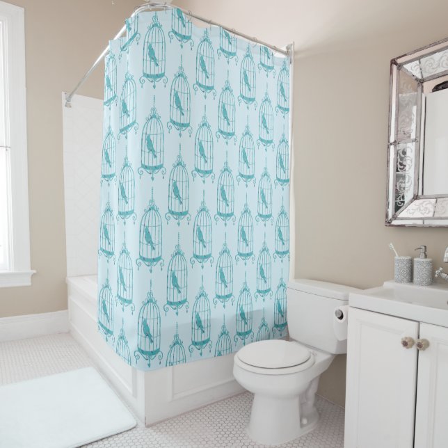 Blue Bird in Birdcage Decorative Pattern Shower Curtain (In Situ)