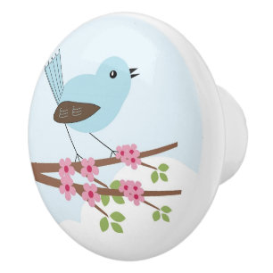 Blue Bird in Blossom Tree Cute Ceramic Knob