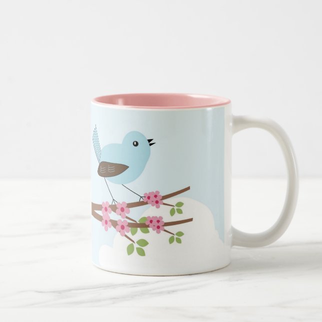 Blue Bird in Blossom Tree Cute Two-Tone Coffee Mug (Right)