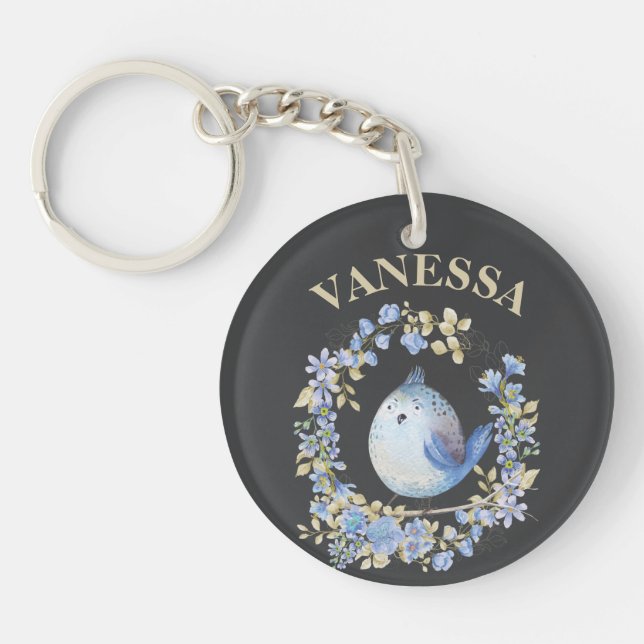 Blue bird in floral wreath custom keychain (Front)