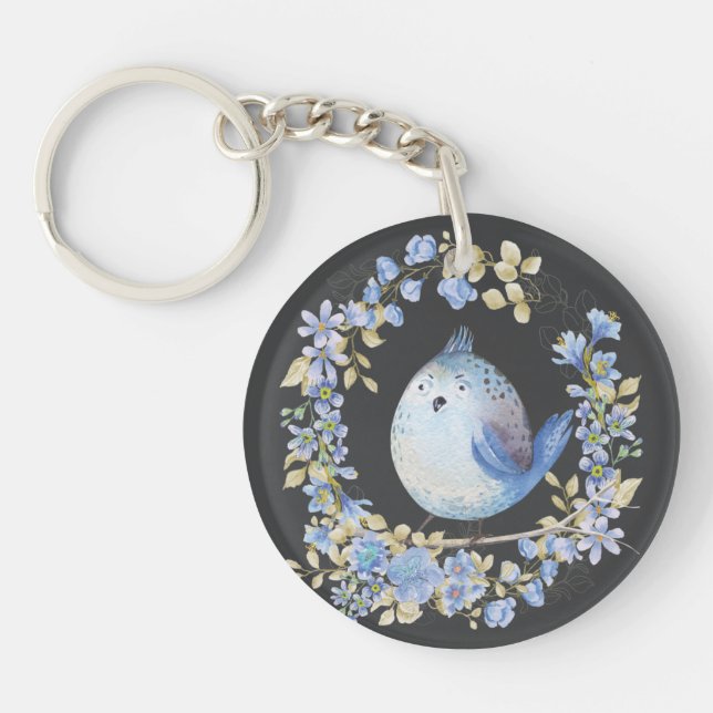 Blue bird in floral wreath key ring (Front)