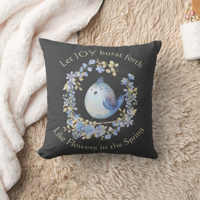 Blue bird in floral wreath throw pillow (Blanket)