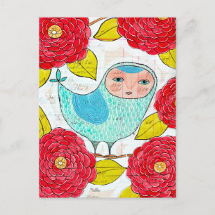 Blue Bird in Red Spring Garden Art Artist Postcard