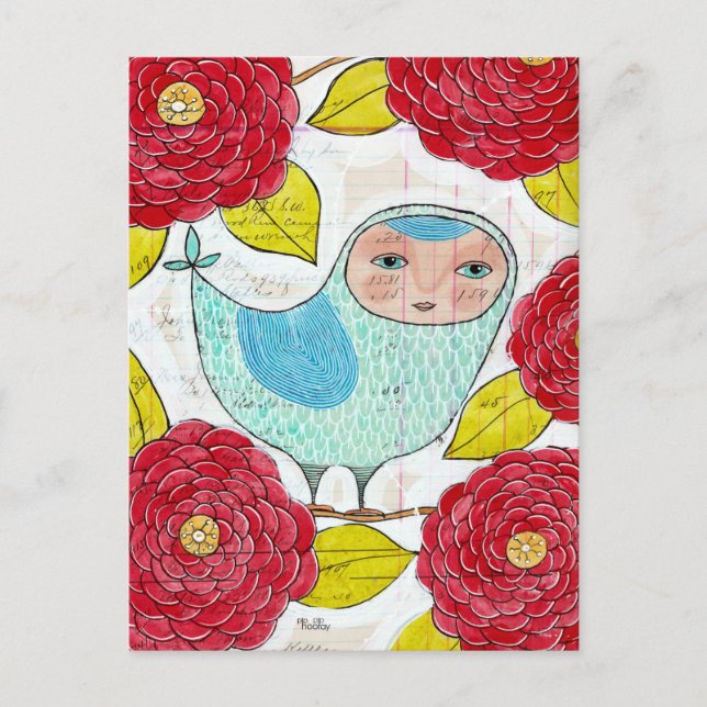 Blue Bird in Red Spring Garden Art Artist Postcard (Front)