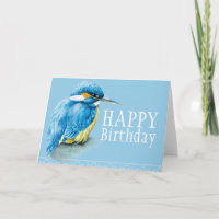 Blue bird kingfisher art painted birthday card
