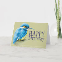 Blue bird kingfisher art painted birthday card