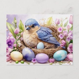 Blue Bird Nesting and Easter Eggs, Flowers  Holiday Postcard