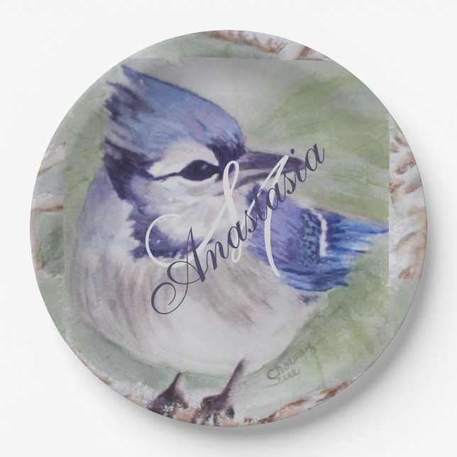 BLUE BIRD OF HAPPINESS MONOGRAM PARTY PAPER PLATE (Front)
