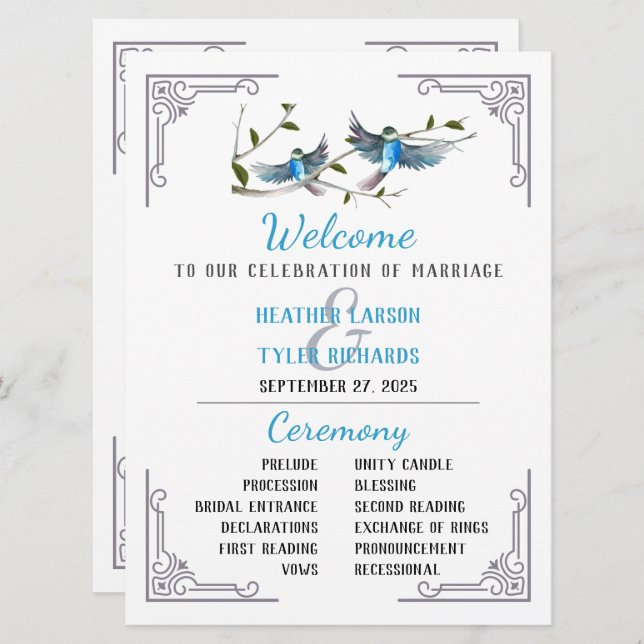 Blue Bird of Happiness Wedding Program Invitation (Front/Back)