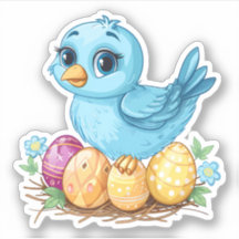 Blue Bird on a Nest with Easter Eggs