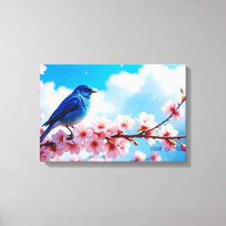 Blue Bird on Cherry Blossom Branch Canvas Print