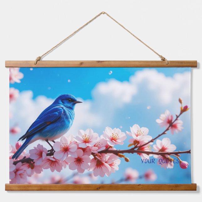 Blue Bird on Cherry Blossom Branch Hanging Tapestry (Front)