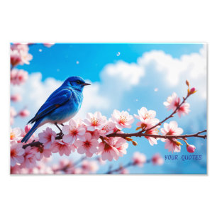 Blue Bird on Cherry Blossom Branch Photo Print