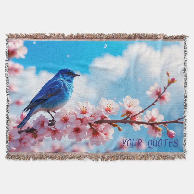 Blue Bird on Cherry Blossom Branch Throw Blanket (Front)