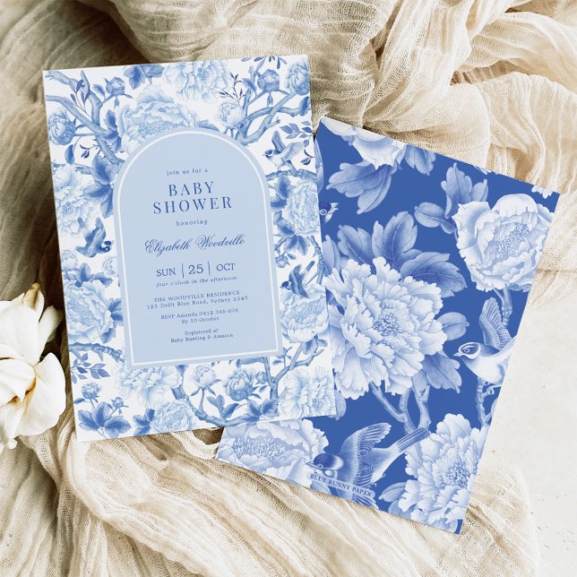 Blue Bird Peony Chinoiserie Garden Baby Shower Invitation (Creator Uploaded)