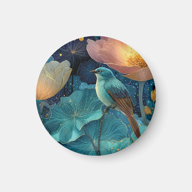 Blue Bird Perched Amidst Glowing Flowers Magnet (Front)