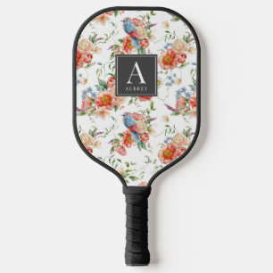 Blue Bird & Pink Floral Pattern Pickleball Paddle