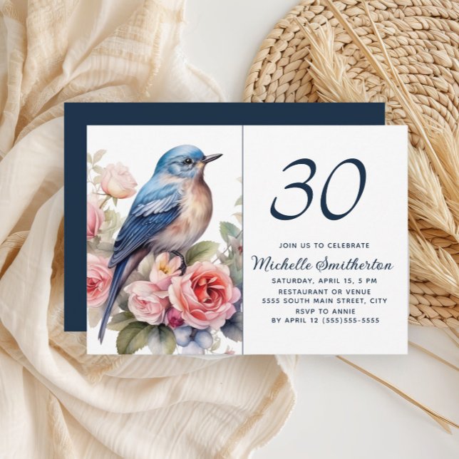 Blue Bird Pink Flowers 30th Birthday Invitation (Blue bird and pink flowers 30th birthday party invitation)