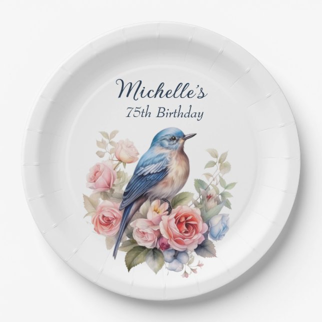 Blue Bird Pink Flowers 75th Birthday Paper Plate (Front)