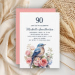 Blue Bird Pink Flowers 90th Birthday Invitation<br><div class="desc">Elegant blue bird and pink watercolor flowers 90th birthday party invitation. Contact me for assistance with your customisations or to request additional matching or coordinating Zazzle products for your celebration.</div>